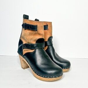 Loeffler Randall Sven Black Tan Leather Wooden Clogs Booties Size 36 5 Women’s